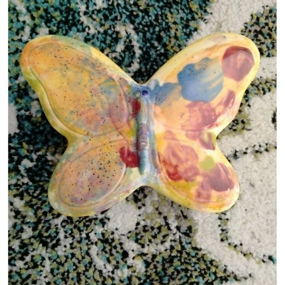 Trinket Jewelry Box Art Studio Pottery Butterfly Handpainted Yellow Blue Red